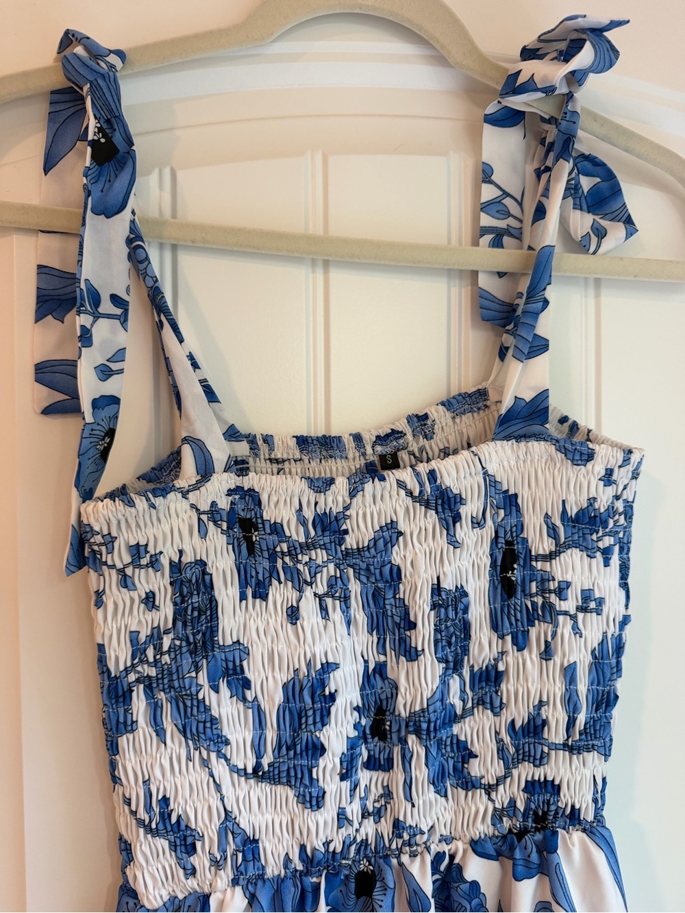 Blue Floral Smocked Tie-Shoulder Women's dress